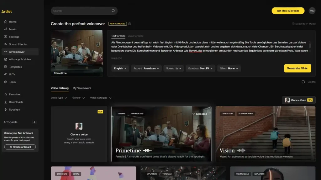 Artlist AI Voice erstellen