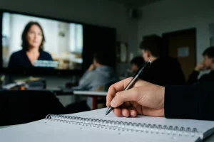 Schüler schreibt bei Video mit