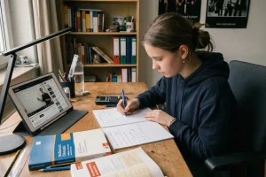 Schülerin lernt Mathe mit Video